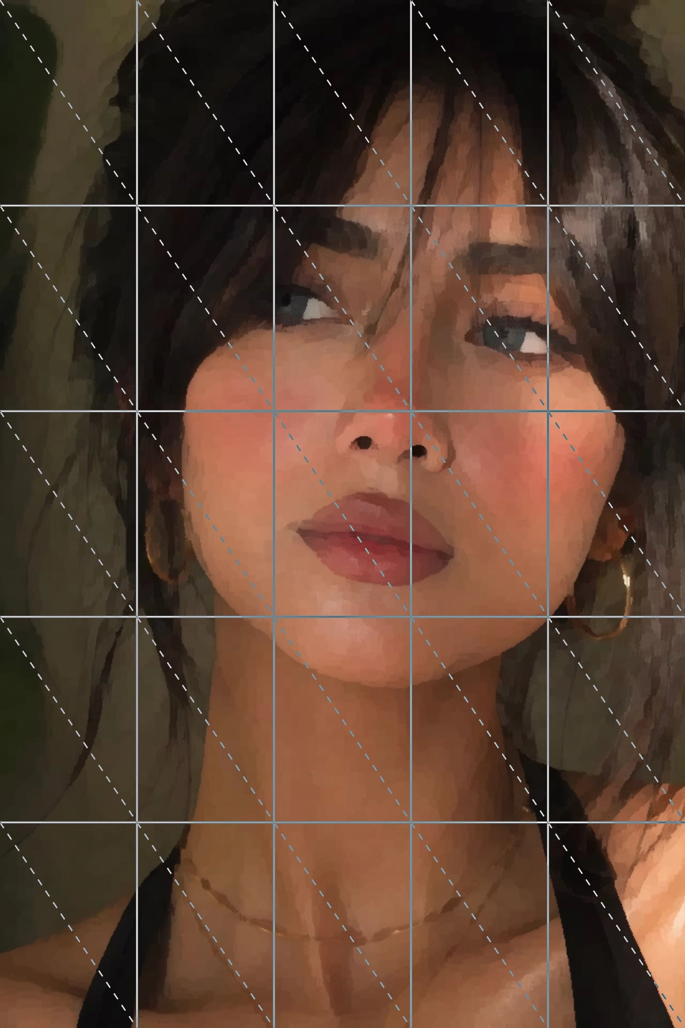 5x5 grid overlay with 45-degree diagonals on a reference photo