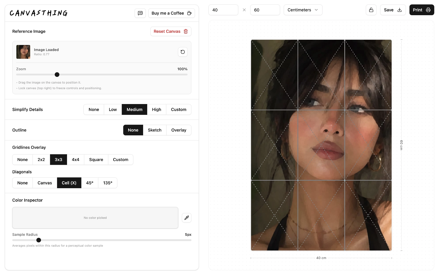 Canvasthing free grid method tool with a reference photo loaded on a canvas