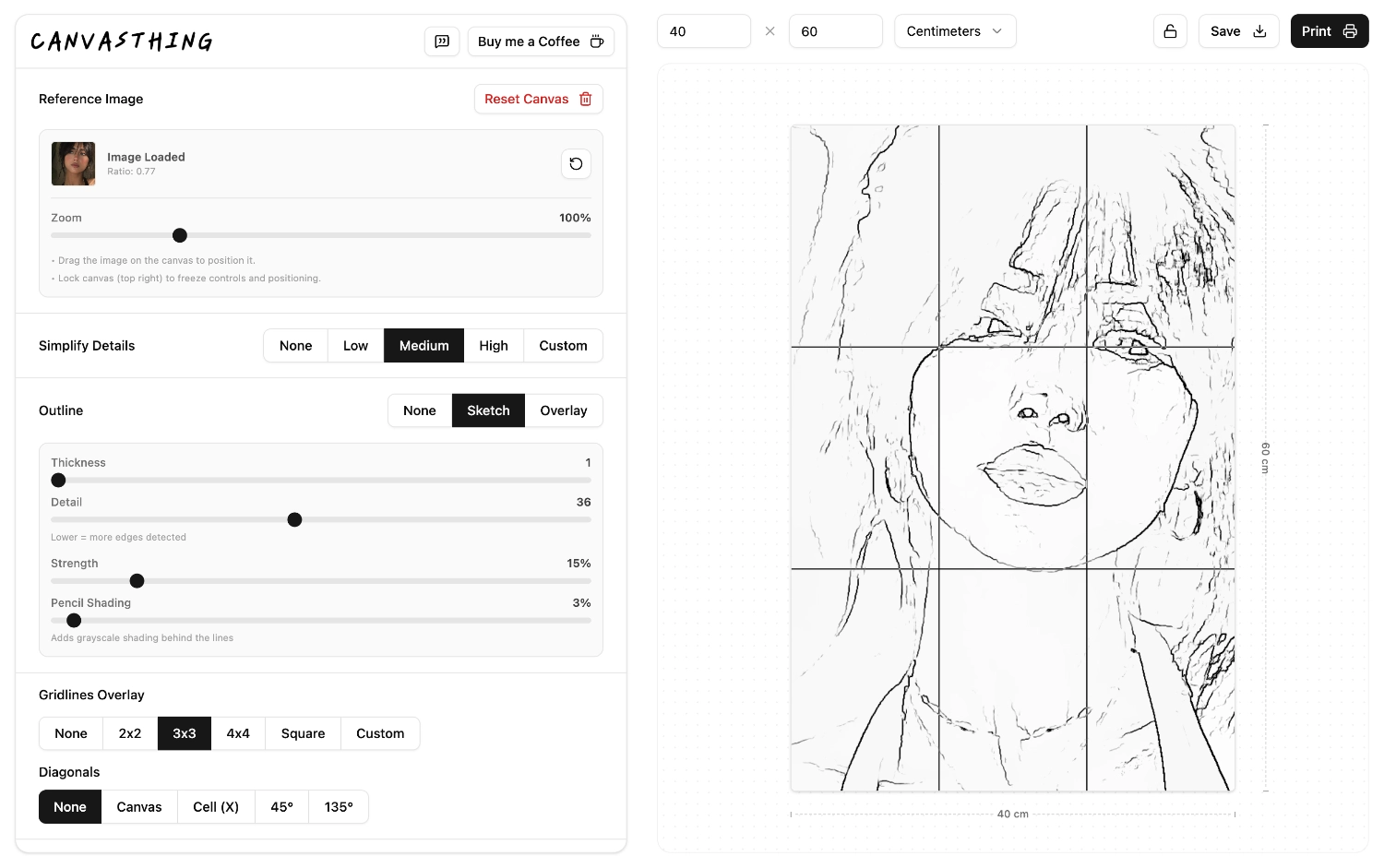 line art sketch generation from a reference photo in the Canvasthing app